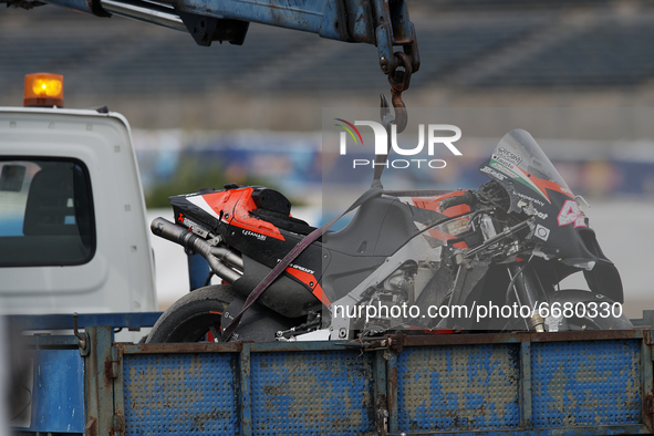 Aleix Espargaro motorbike after crashed out during the MotoGP test day at Circuito de Jerez - Angel Nieto on May 3, 2021 in Jerez de la Fron...
