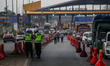 Joint officers simulate of the Eid homecoming ban at the exit gate of the Cileunyi Toll Ro...