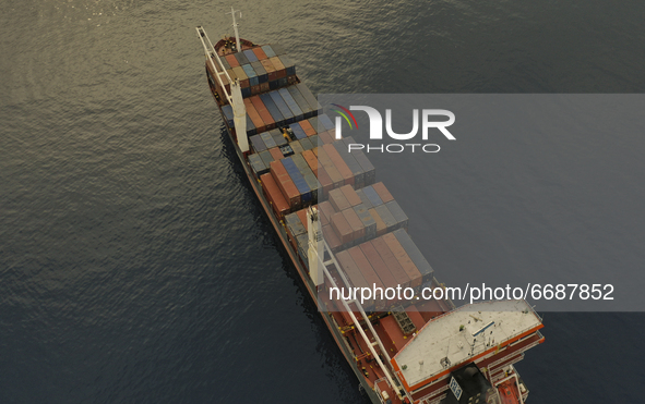 Top view of the cargo ship, which is moored near the Mediterranean port of Limassol. Cyprus, Thursday, May 6, 2021. 