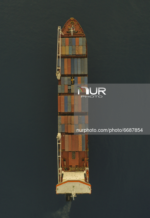 Top view of the cargo ship, which is moored near the Mediterranean port of Limassol. Cyprus, Thursday, May 6, 2021. 