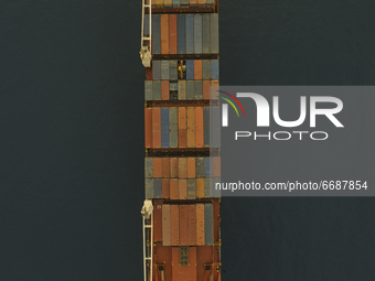 Top view of the cargo ship, which is moored near the Mediterranean port of Limassol. Cyprus, Thursday, May 6, 2021. (