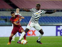 Pedro of AS Roma and Paul Pogba of Manchester United compete for the ball during the UEFA Europa League Semi-Final match between AS Roma and...