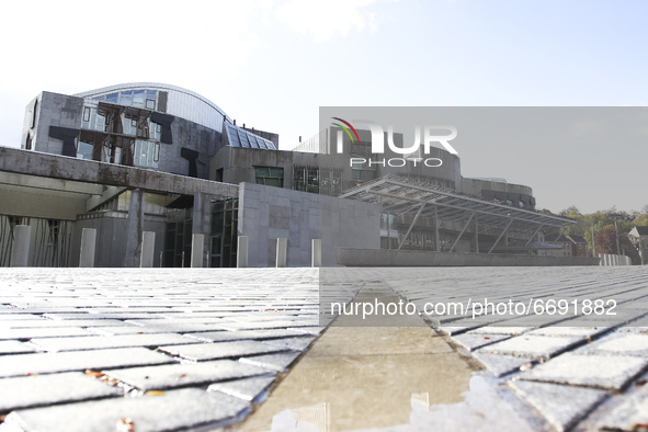 A general view of the Scottish Parliament Building as ballots are counted and results begin to be announced for the Scottish Election on May...