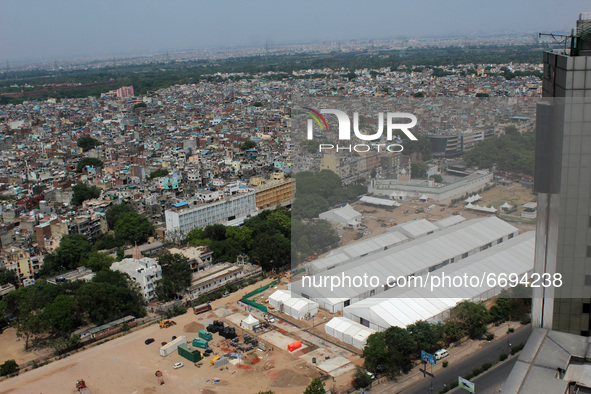 An aerial view of a temporary COVID-19 care facility constructed at Ramlila grounds, amidst the spread of the coronavirus cases, in New Delh...