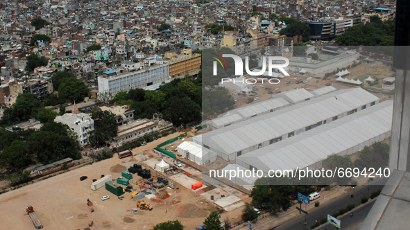 An aerial view of a temporary COVID-19 care facility constructed at Ramlila grounds, amidst the spread of the coronavirus cases, in New Delh...