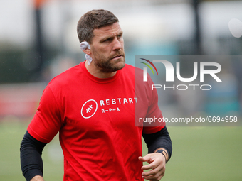   Mark Wilson of Newcastle Falcons wearing the R.P.A. Restart T Shirt prior to the Gallagher Premiership match between Newcastle Falcons an...