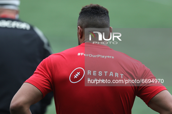  A shirt worn during warm up by players showing the Restart programme from the R P A during the Gallagher Premiership match between Newcastl...