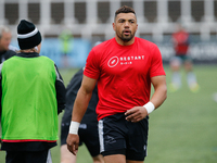    Luther Burrell of Newcastle Falcons pictured wearing the Restart T-shirt on behalf of The RPA before the Gallagher Premiership match betw...