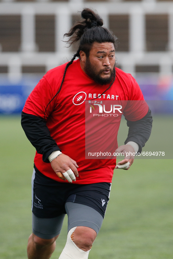    Logovi'I Mulipola of Newcastle Falcons pictured wearing the RPS’s Restart T-shirt before the Gallagher Premiership match between Newcastl...