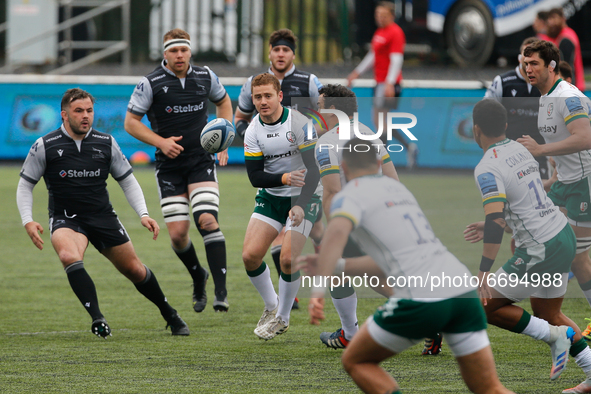    Paddy Jackson of London Irish swings out a pass during the Gallagher Premiership match between Newcastle Falcons and London Irish at King...