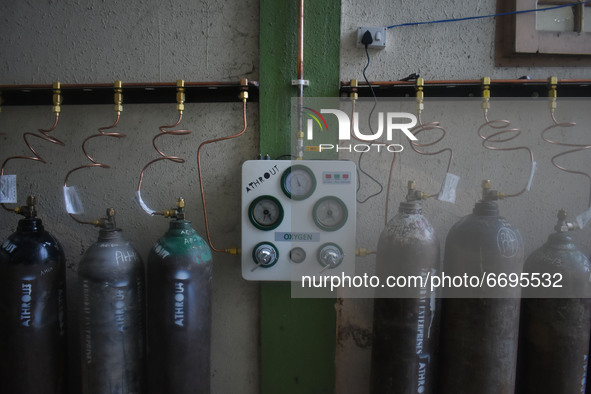 High pressure oxygen setup at a temporary Covid-19 hospital in Srinagar, Indian Administered Kashmir on 08 May 2021. A Local NGO Athrout has...