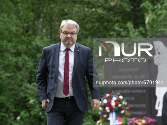 Mayor of Hanover, Thomas Hermann, looks on after the commemoration of the 76th anniversary of the liberation at the Memorial cemetery at the...