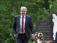 Mayor of Hanover, Thomas Hermann, looks on after the commemoration of the 76th anniversary of the liberation at the Memorial cemetery at the...