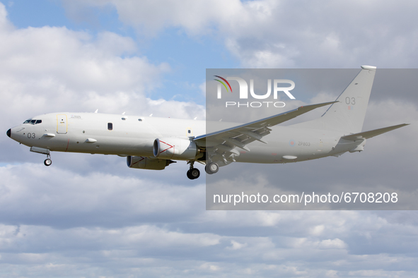 A Royal Air Force Boeing P-8 Poseidon aircraft during Exercise Joint Warrior at RAF Lossiemouth, Scotland on 11th May 2021. 
 