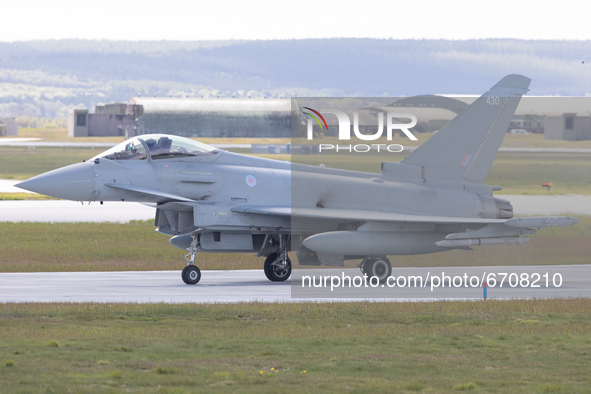 A Royal Air Force Eurofighter Typhoon during Exercise Joint Warrior at RAF Lossiemouth, Scotland on 11th May 2021. 
 