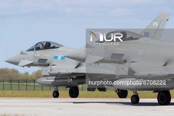 Royal Air Force Eurofighter Typhoons during Exercise Joint Warrior at RAF Lossiemouth, Scotland on 11th May 2021. 
 