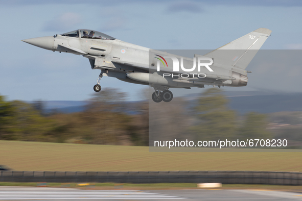 A Royal Air Force Eurofighter Typhoon during Exercise Joint Warrior at RAF Lossiemouth, Scotland on 11th May 2021. 
 