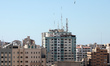 An air bomb hits the Jala Tower during an Israeli airstrike in Gaza city controlled by the...