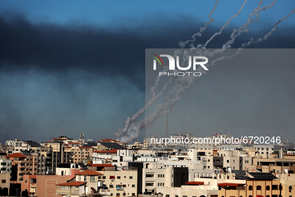 Rockets are launched towards Israel from Rafah, in the southern the Gaza Strip, controlled by the Palestinian Hamas movement, on May 15, 202...