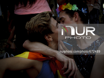 SPAIN, Madrid:a couple kissing during the 2015 gay pride parade in Madrid on July 4, 2015. ( 