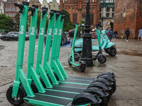 Electric kickscooters belonging to the Bolt scooters sharing company parkedin the city center are seen in Gdansk, Poland on 17 May 2021 
Pol...