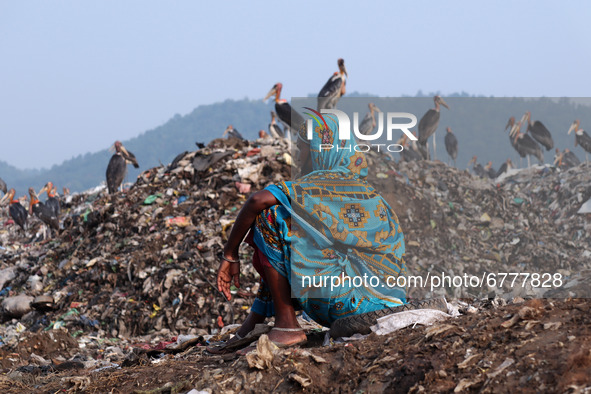 A woman ragpicker sitting near a garbage-heap at Boragaon dumping site, on the eve of World Environment Day, in Guwahati, Assam, India on Fr...