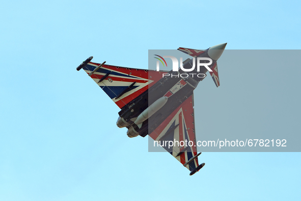CASTLE DONININGTON, UK. JUNE 6TH ZJ914 Royal Air Force Eurofighter Typhoon FGR4 painted in 'Union Flag' paint scheme, piloted by Flt Lt Jame...