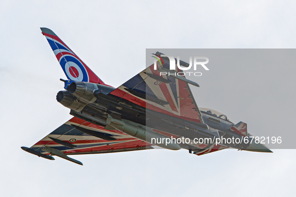 CASTLE DONININGTON, UK. JUNE 6TH ZJ914 Royal Air Force Eurofighter Typhoon FGR4 painted in 'Union Flag' paint scheme, piloted by Flt Lt Jame...