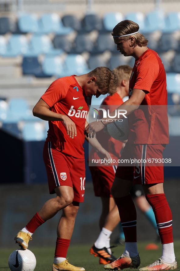 Erling Haaland (Borussia Dortmund) and Martin Odegaard (Arsenal FC) of Norway during the warm-up before the international friendly match bet...
