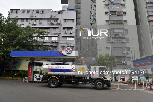 HP fuel pump with a high-rise building can be seen in Kolkata, India, 10 June, 2021. Petrol price in Kolkata is Rs 95.52 per litre and Diese...
