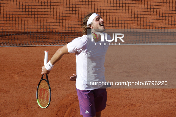 Greece's Stefanos Tsitsipas plays against Germany's Alexander Zverev during their men's singles semi-final tennis match on Day 13 of The Rol...