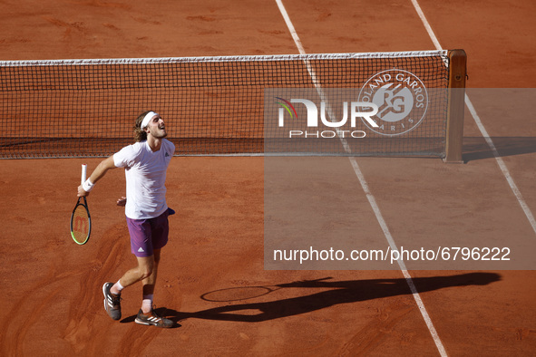 Greece's Stefanos Tsitsipas plays against Germany's Alexander Zverev during their men's singles semi-final tennis match on Day 13 of The Rol...