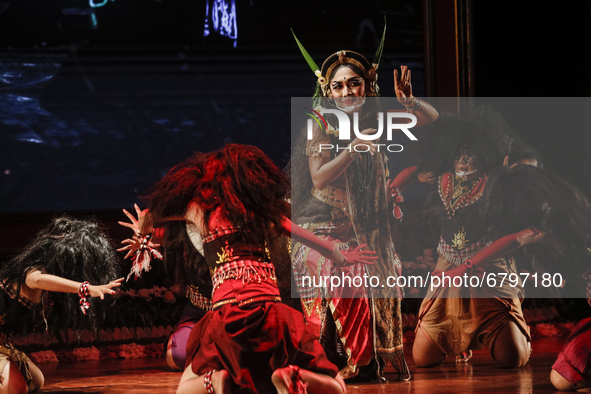Balinese artists performs a theatrical dance of Wreksa Kastuba during The 43rd Bali Arts Festival amid COVID-19 pandemic in Bali Cultural Pa...