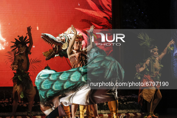 Balinese artists performs a theatrical dance of Wreksa Kastuba during The 43rd Bali Arts Festival amid COVID-19 pandemic in Bali Cultural Pa...