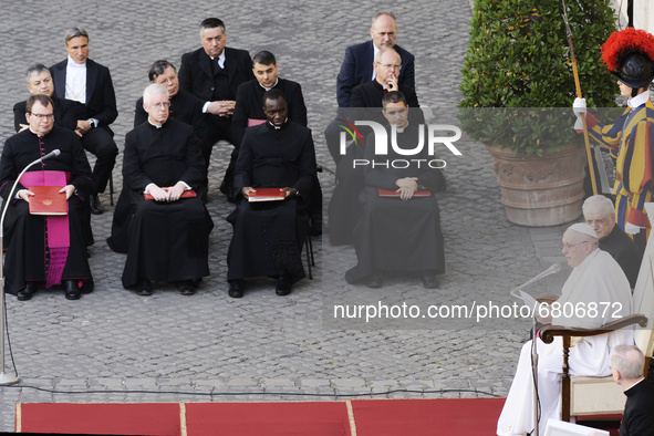 Pope Francis attends his weekly general audience in the San Damaso Courtyard at the Vatican, Wednesday, June 16, 2021.  
