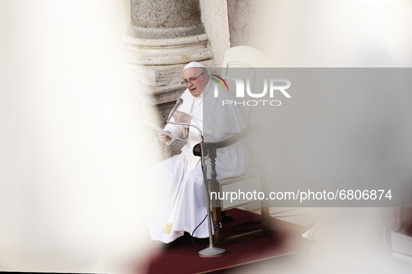 Pope Francis attends his weekly general audience in the San Damaso Courtyard at the Vatican, Wednesday, June 16, 2021.  