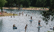 People enjoy boating and swimming on the fuhlinger lake in Cologne, Germany on June 17, 20...