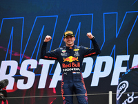 Winner Red Bull's Dutch driver Max Verstappen celebrates on the podium at the end of the French Formula One Grand Prix at the Circuit Paul-R...