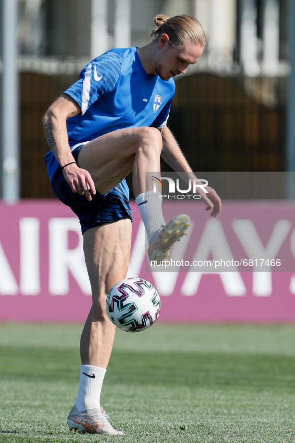 Fredrik Jensen of Finland in action during a Finland national team training session ahead of their UEFA Euro 2020 match against Belgium on J...
