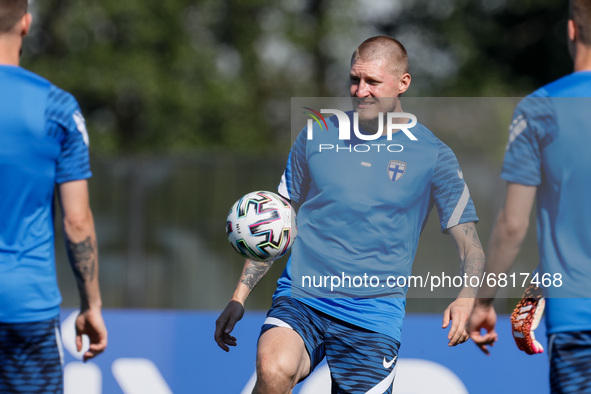 Joni Kauko (C) of Finland in action during a Finland national team training session ahead of their UEFA Euro 2020 match against Belgium on J...