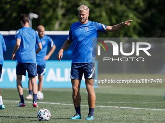 Paulus Arajuuri of Finland gestures during a Finland national team training session ahead of their UEFA Euro 2020 match against Belgium on J...