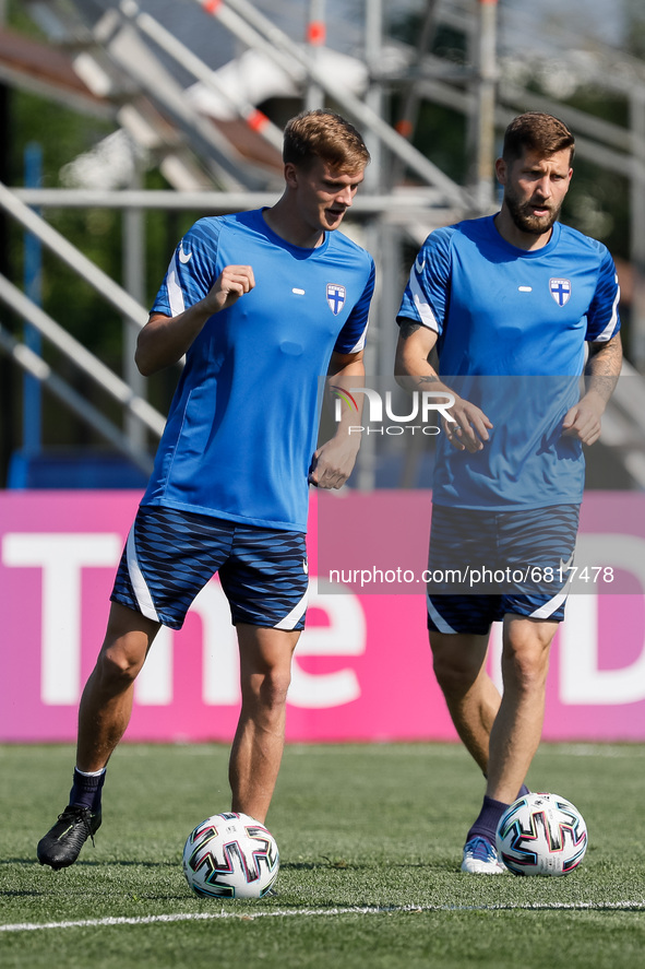 Marcus Forss and Joona Toivio of Finland in action during a Finland national team training session ahead of their UEFA Euro 2020 match again...