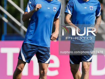 Marcus Forss and Joona Toivio of Finland in action during a Finland national team training session ahead of their UEFA Euro 2020 match again...