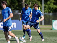 Daniel O'Shaughnessy (R) of Finland in action during a Finland national team training session ahead of their UEFA Euro 2020 match against Be...