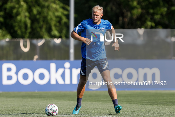 Paulus Arajuuri of Finland in action during a Finland national team training session ahead of their UEFA Euro 2020 match against Belgium on...