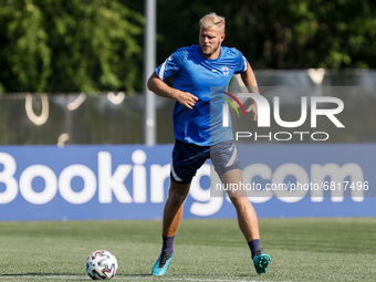 Paulus Arajuuri of Finland in action during a Finland national team training session ahead of their UEFA Euro 2020 match against Belgium on...
