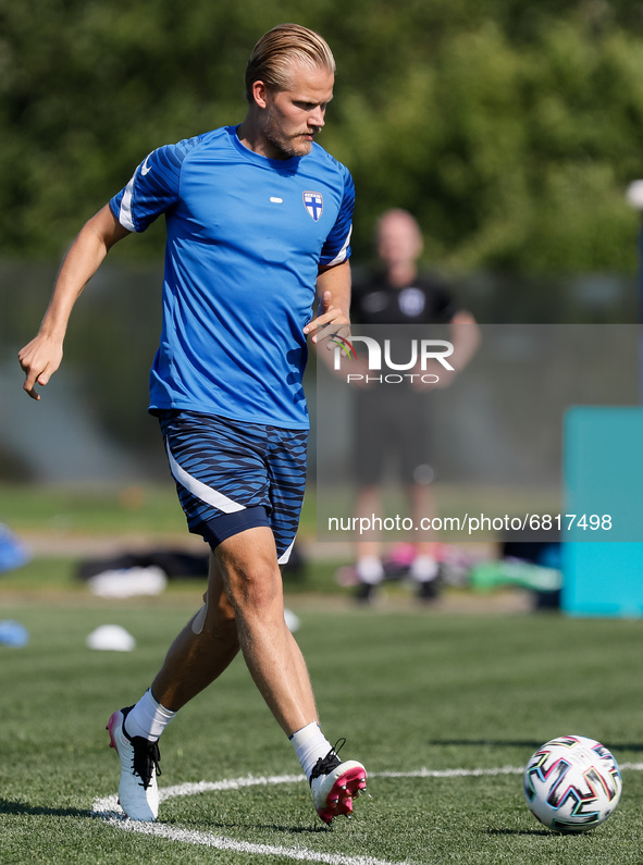 Joel Pohjanpalo of Finland in action during a Finland national team training session ahead of their UEFA Euro 2020 match against Belgium on...