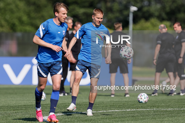 Jere Uronen (C) of Finland during a Finland national team training session ahead of their UEFA Euro 2020 match against Belgium on June 20, 2...