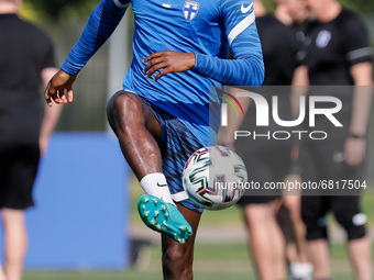 Glen Kamara of Finland in action during a Finland national team training session ahead of their UEFA Euro 2020 match against Belgium on June...