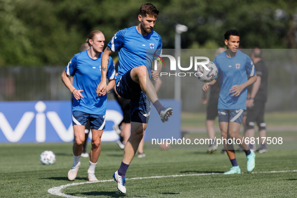 Joona Toivio (C) of Finland in action during a Finland national team training session ahead of their UEFA Euro 2020 match against Belgium on...
